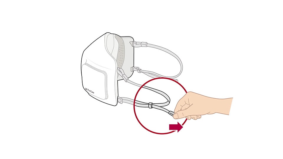 A video shows the a drawing of the PuriCare Wearable Air Purifier with the ear straps attached. An arrow points to the end of the ear strap and a circle magnifies the area. A hand pulls at the end to tighten the ear straps. Next a drawing of a man facing front wearing the air purifier comes on the screen and then he turns to show the back and the strap extender appears on the left side of the screen. The strap extender then moves to attach to the ear straps on either side to make the air purifier more comfortable for the user.