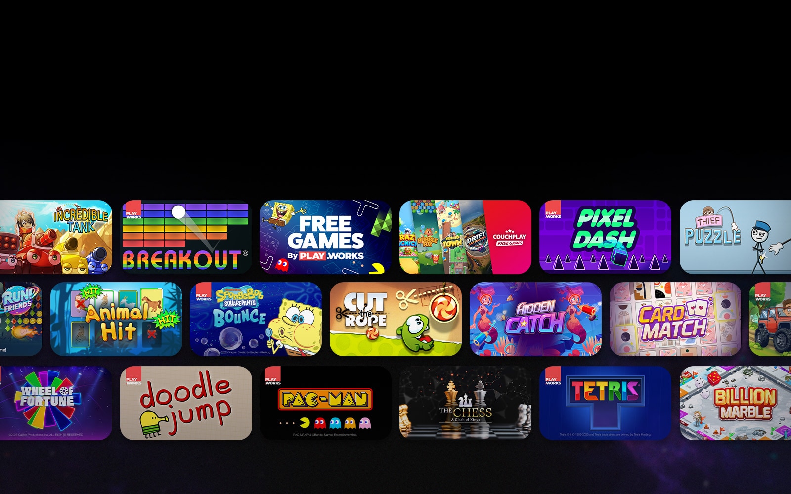 Various casual game thumbnails arranged in three rows on LG TV, offering hundreds of easy-to-play free games ideal for solo or multiplayer fun using just the remote control.