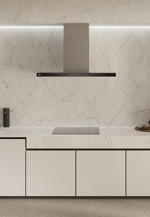 This is an image of the kitchen interior with an LG built-in oven, hood, and Induction hob installed.
