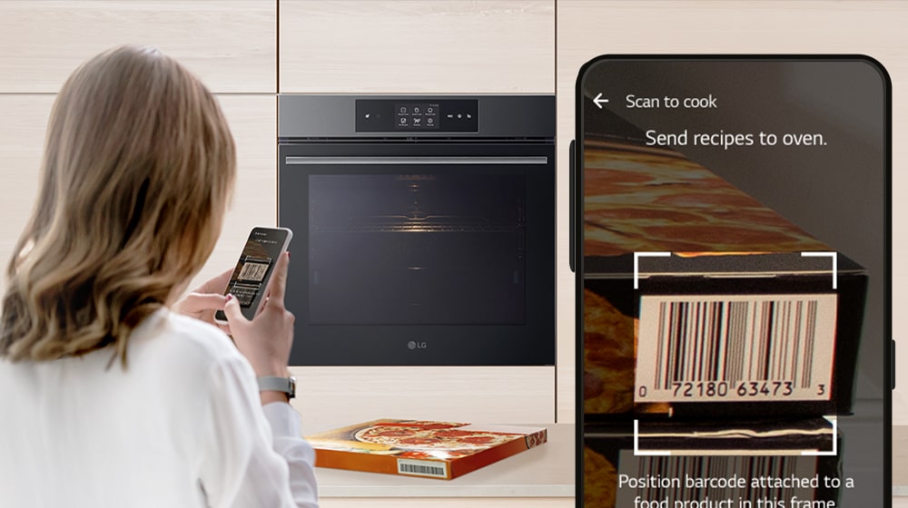 This is an image of a woman scanning a barcode on a food wrapper with her smartphone.