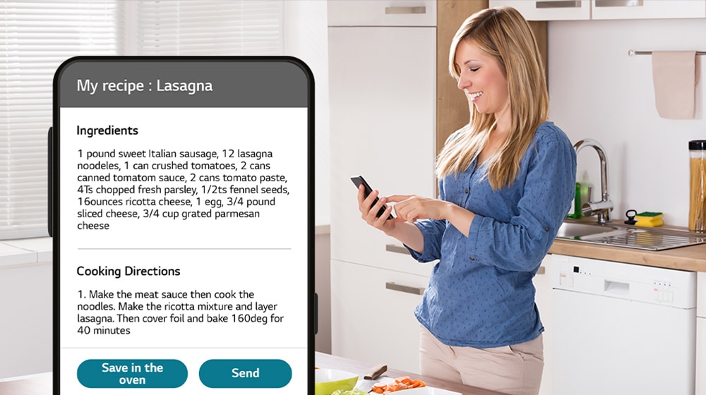 This is an image of a woman looking at a food recipe on her smartphone.
