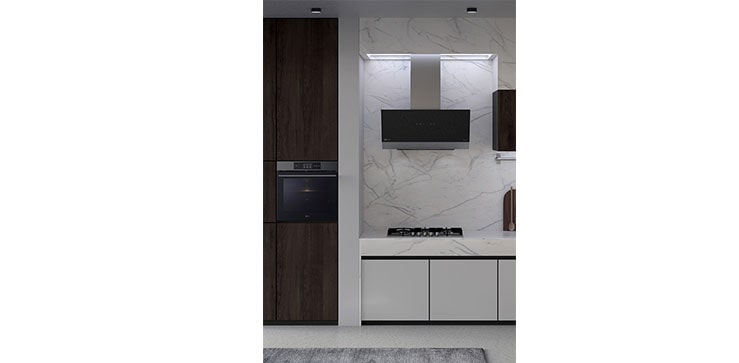This is a kitchen image with LG built-in oven, hood, and gas hob installed.