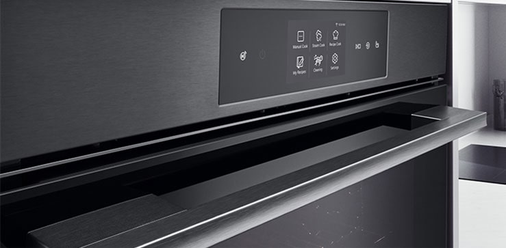 Close-up image of oven showing matte black finish.