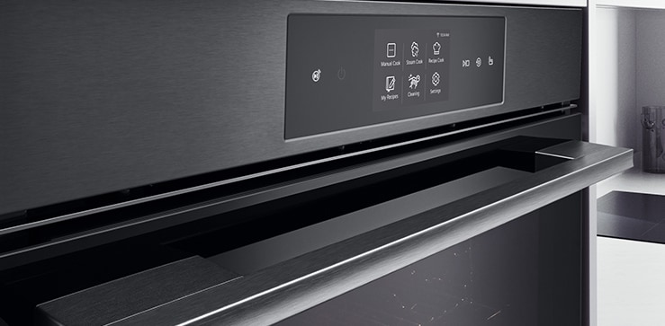 Close-up image of oven showing matte black finish.