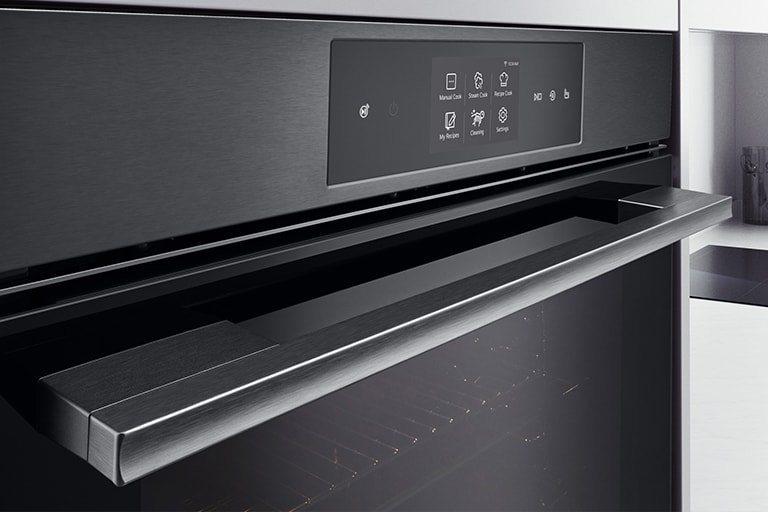 Close-up image of oven showing matte black finish.