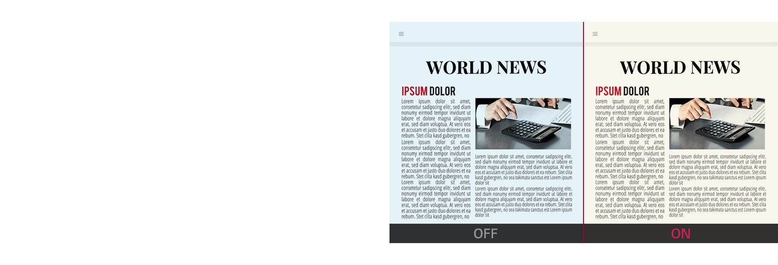 Изображение экрана монитора, на котором меньше синего света, когда включен режим чтения, в то время как экран монитора излучает сравнительно больше синего света, когда режим чтения выключен,