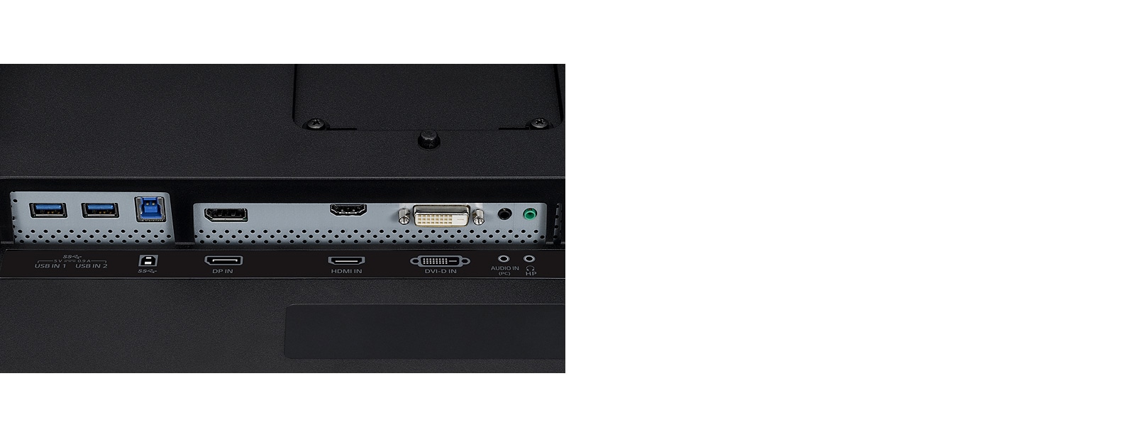 Изображение крупным планом DisplayPort, HDMI и DVI на задней панели монитора