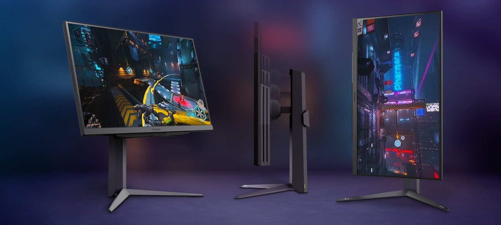 Three monitor images demonstrating tilt, pivot, and height adjustments.	