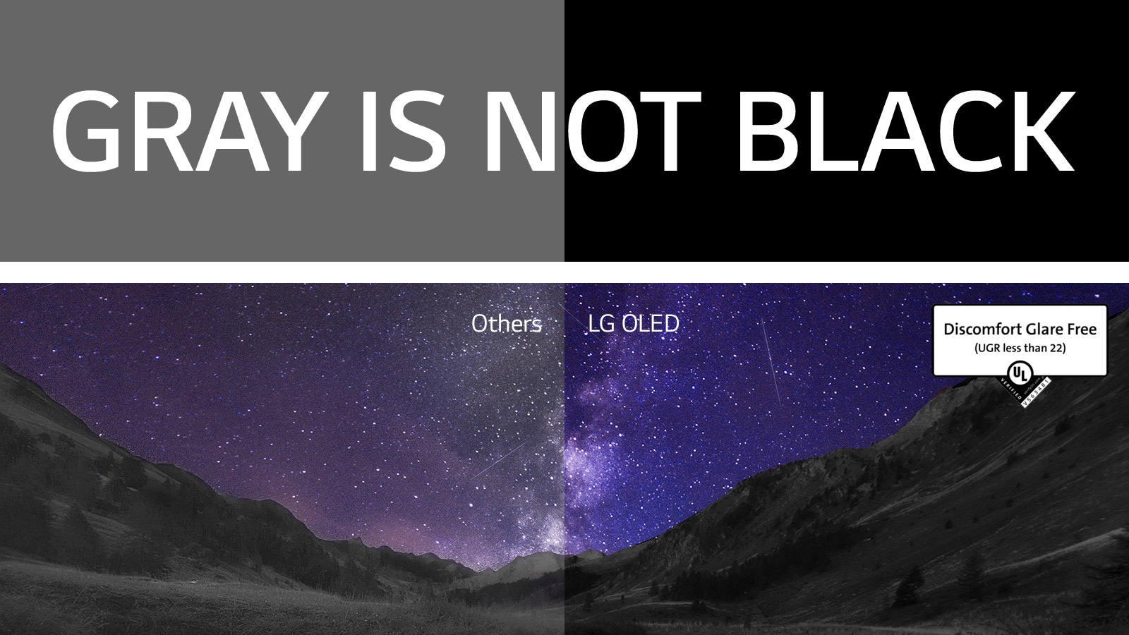 The Milky Way fills the night sky above a canyon scene. Above the image, "gray is not black" is written in white block capitals against a black backdrop. The screen is split into two sides and marked "Others" and "LG OLED." The other side is noticeably dimmer and lower in contrast, whereas the LG OLED side is bright with high contrast. The LG OLED side also features Discomfort Glare Free certification.
