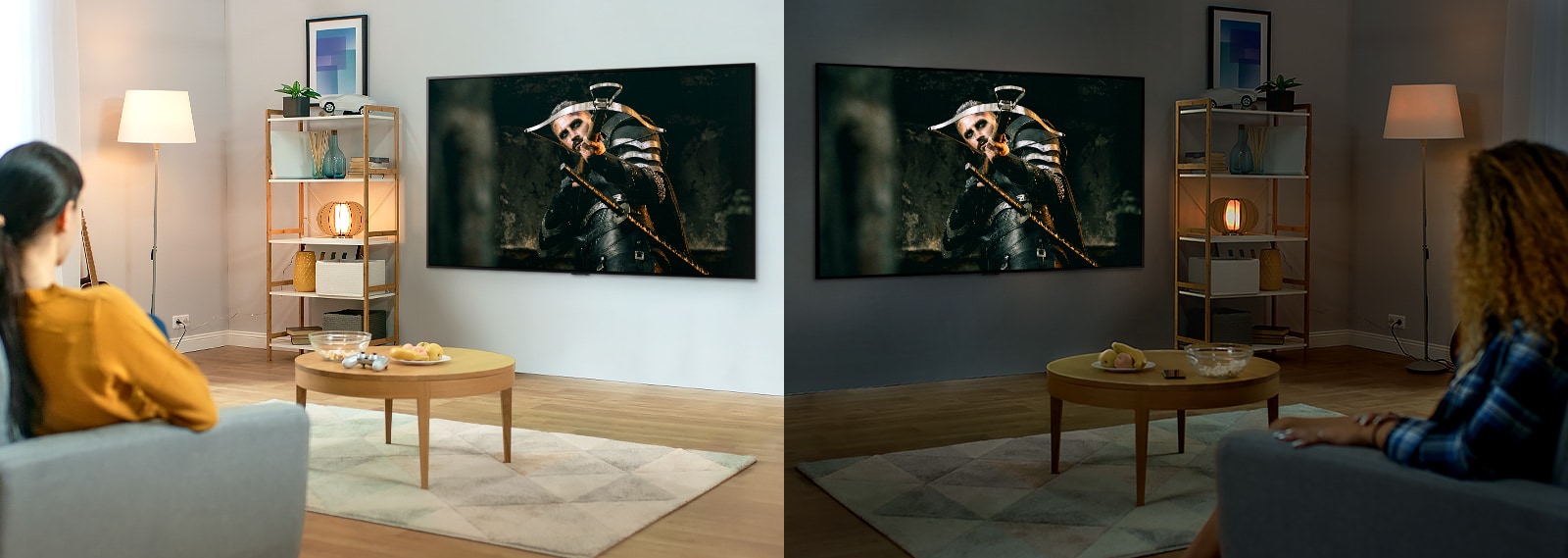 Two women watching the same scene on TV in mirrored living rooms and different brightness conditions.