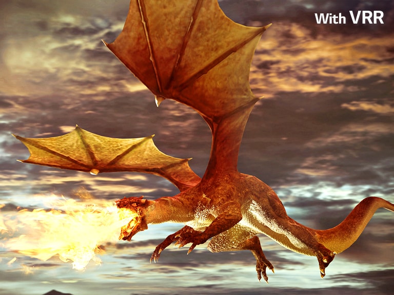 The half left of the scene of a flying red fire breathing drangon with the text of 'Without VRR' on the top left shows blurry image. The half right of the scene of a flying red fire breathing drangon with the text of 'With VRR' on the top left shows clear image.