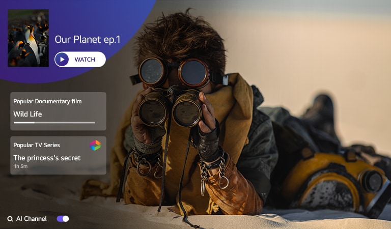 A TV screen showing a person looking into binoculars lying down in the desert with a list of programs for next programs to watch.