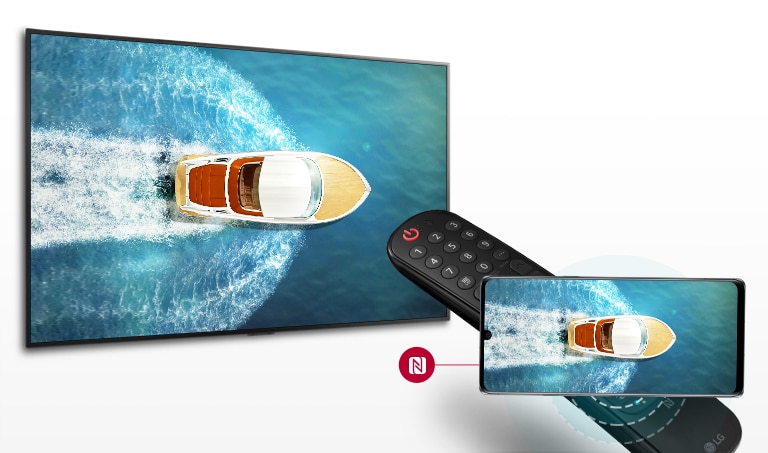 A mobile device displaying a yacht sailing in the sea taps a remote contral to mirror the same image ona TV screen.