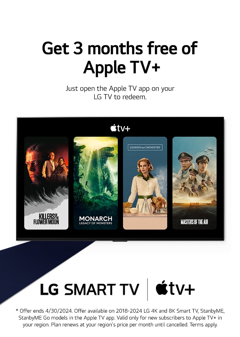 An image of LG OLED TV. Apple TV+'s contents is on the screen and the headline is 'Get three months of Apple TV+ free with LG Smart TVs.'