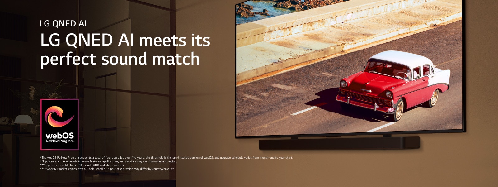 LG QNED TV and Soundbar mounted on a wall in a softly lit room. On the TV, a red vehicle on the road is displayed. The "webOS Re:New Program" logo is in the image. A disclaimer reads: "The webOS Re:New Program supports a total of four upgrades over five years, the threshold is the pre-installed version of webOS, and upgrade schedule varies from month-end to year-start." "Updates and the schedule to some features, applications, and services may vary by model and region."