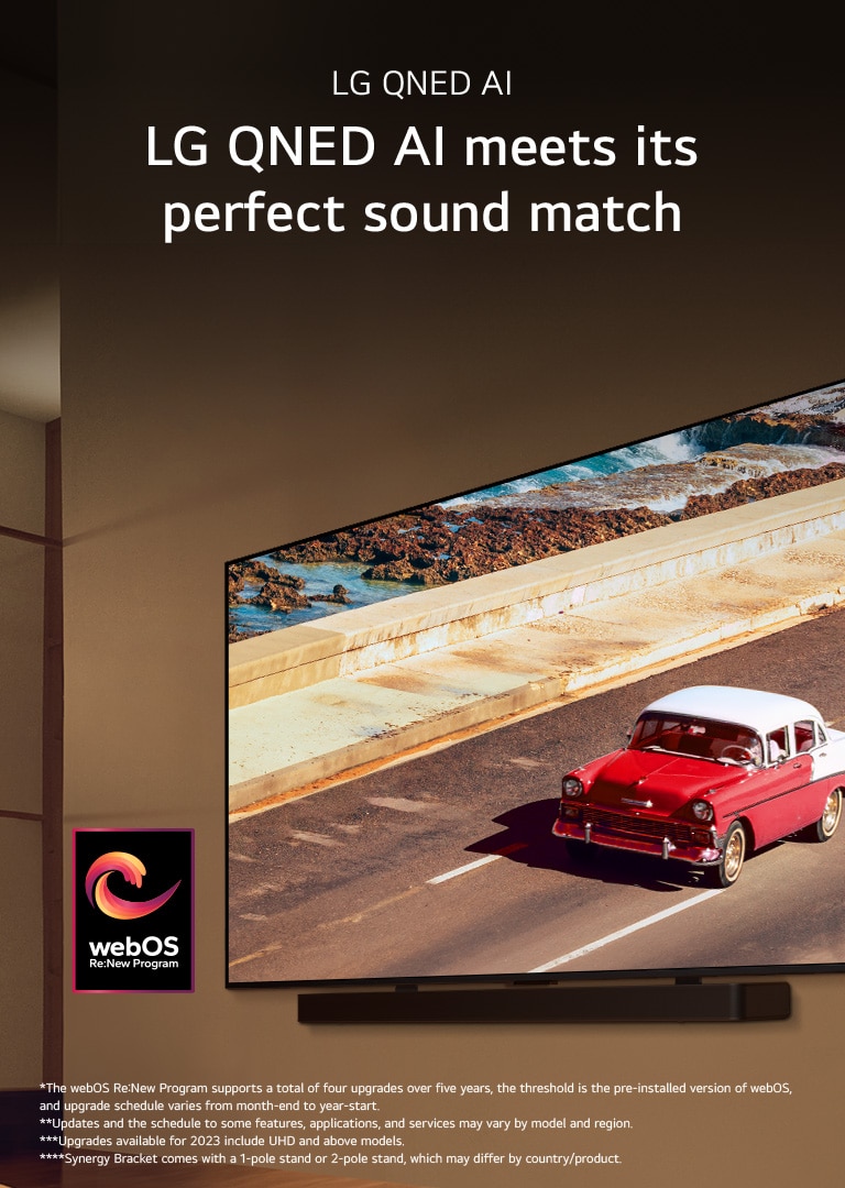 LG QNED TV and Soundbar mounted on a wall in a softly lit room. On the TV, a red vehicle on the road is displayed. The "webOS Re:New Program" logo is in the image. A disclaimer reads: "The webOS Re:New Program supports a total of four upgrades over five years, the threshold is the pre-installed version of webOS, and upgrade schedule varies from month-end to year-start." "Updates and the schedule to some features, applications, and services may vary by model and region."