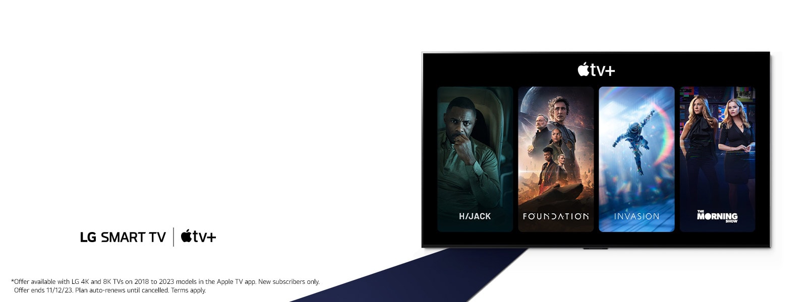 At the bottom of the body copy is the LG Smart TV and Apple TV+ logo, and within the TV frame, Apple TV+ content is shown in the order of Hijack, Foundation, Invasion, and The morning show.