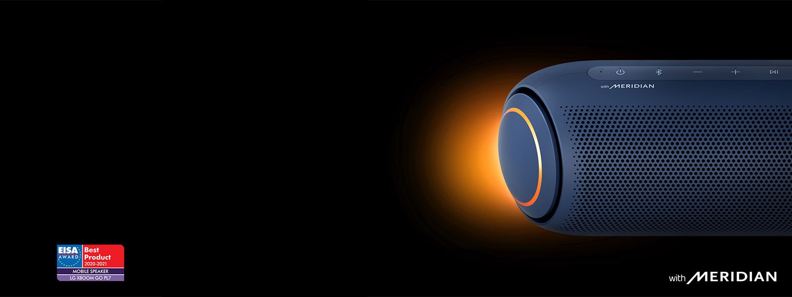A mid-shot of the left side of LG XBOOM Go PL7 is shown with orange lighting.