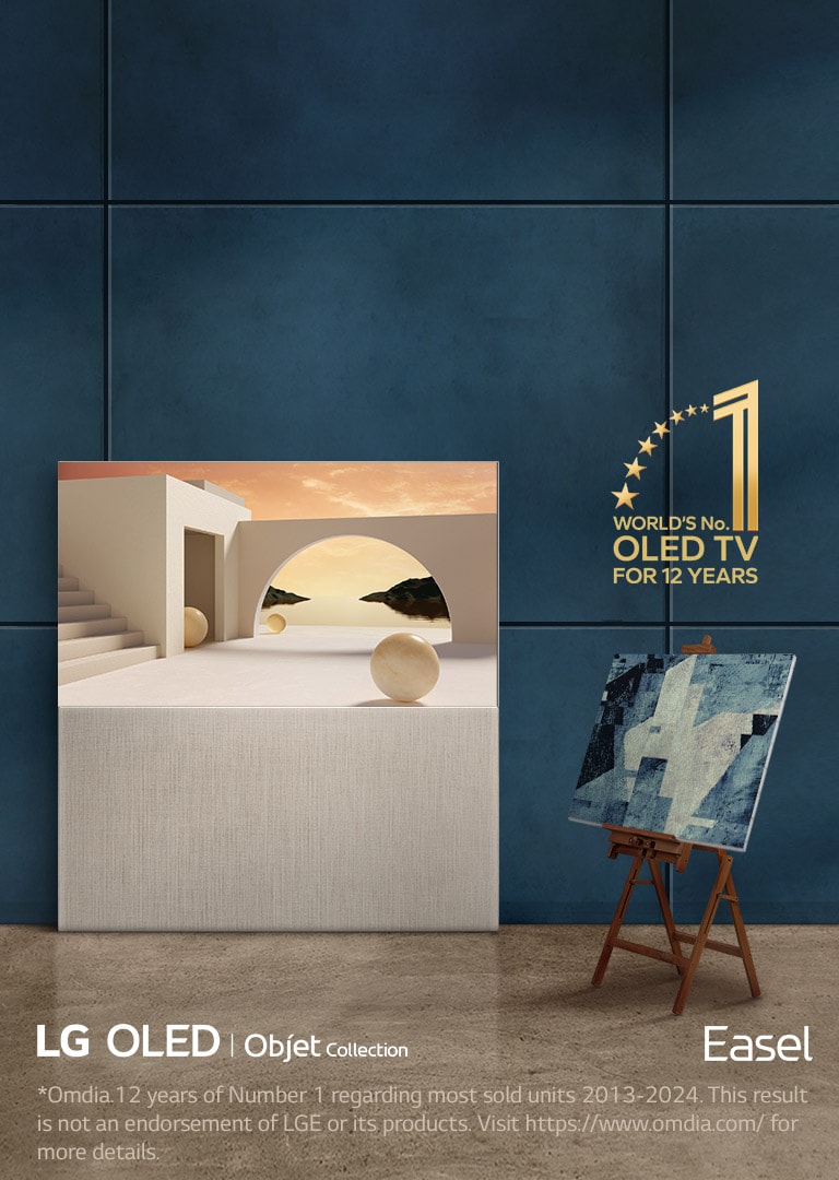 LG OLED Easel TV is propped up against a wall. Beside it is an actual painting on an easel. Because of the design of the TV, it looks like an actual artwork on easel. World’s No. 1 OLED TV for 12 years emblem is at the corner. LG OLED, Objet Collection and Easel product logos are also visible.