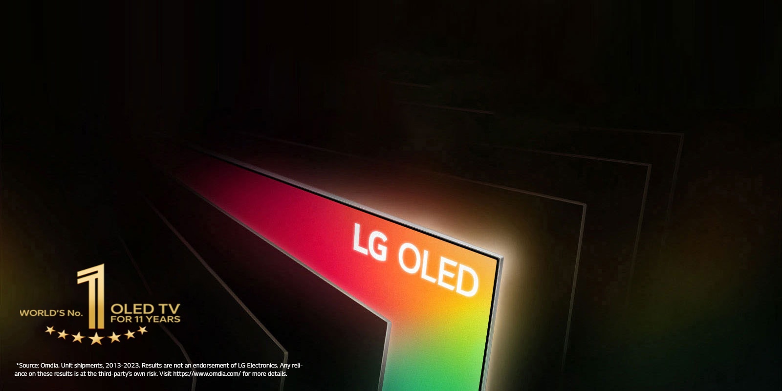 An angled bird's eye view of a row of televisions spanned out like the pages of a book. All the televisions are black, except one filled with bright colors and the words "LG OLED."