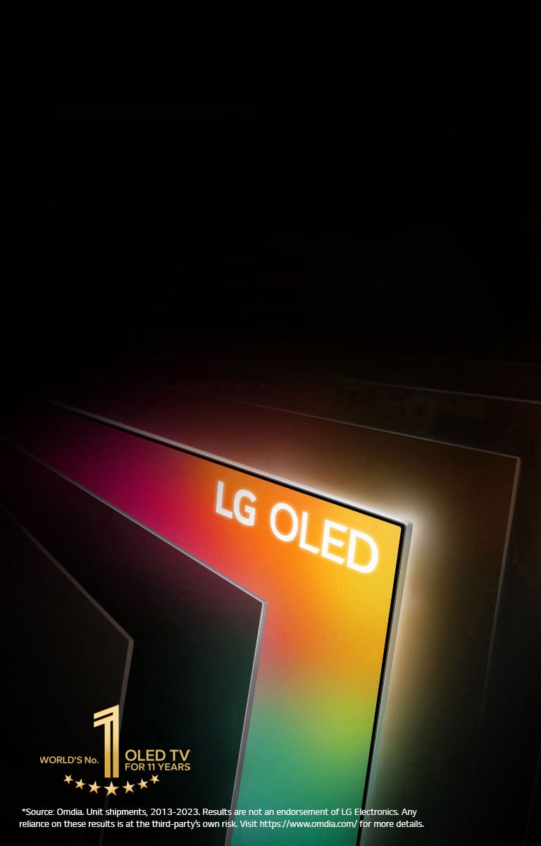 An angled bird's eye view of a row of televisions spanned out like the pages of a book. All the televisions are black, except one filled with bright colors and the words "LG OLED."