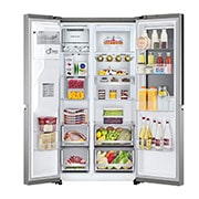 LG InstaView™ ThinQ™ 598L Side by Side Refrigerator, UVnano™, LINEARCooling™, ThinQ™ in Silver color, front open food view, GCX-287TNSI, thumbnail 2