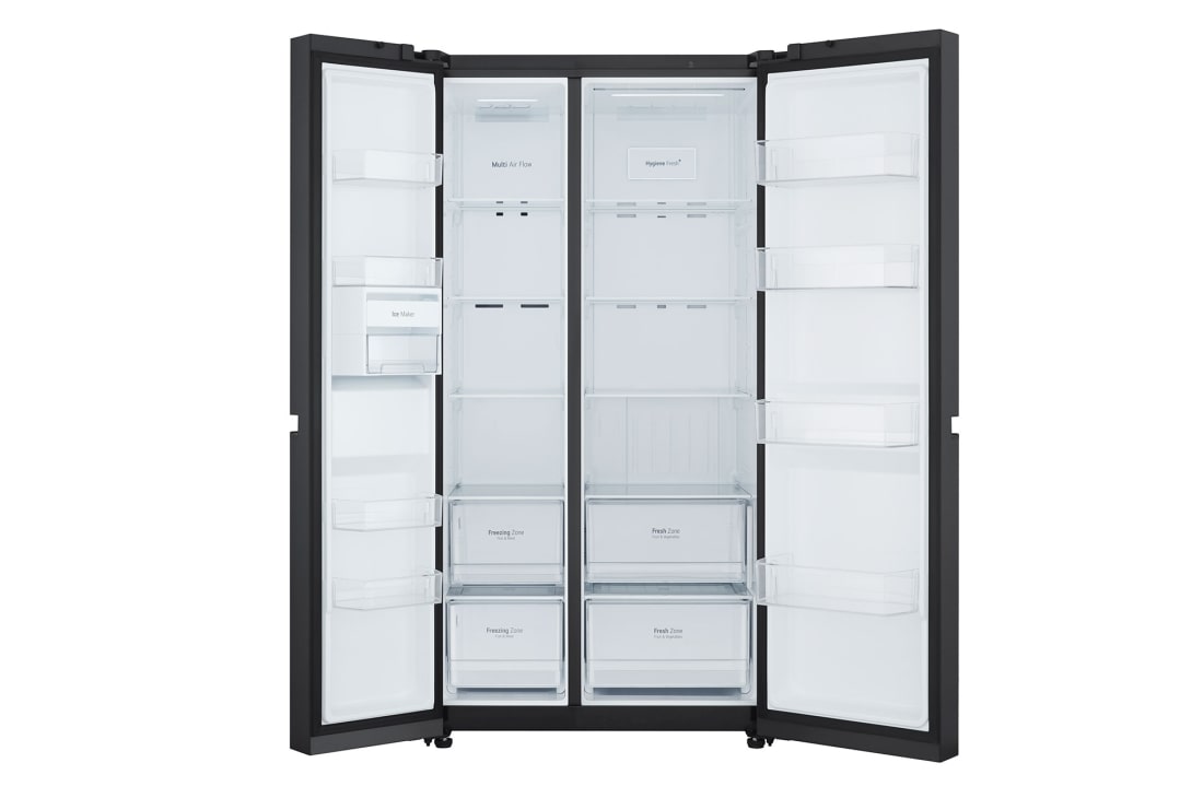 LG Side by Side 647L Refrigerator, Inverter Compressor, Multi AirFlow, Express Cool, Smart Diagnosis™, Black Glass color, front open view, GCB-287GNWB, thumbnail 2