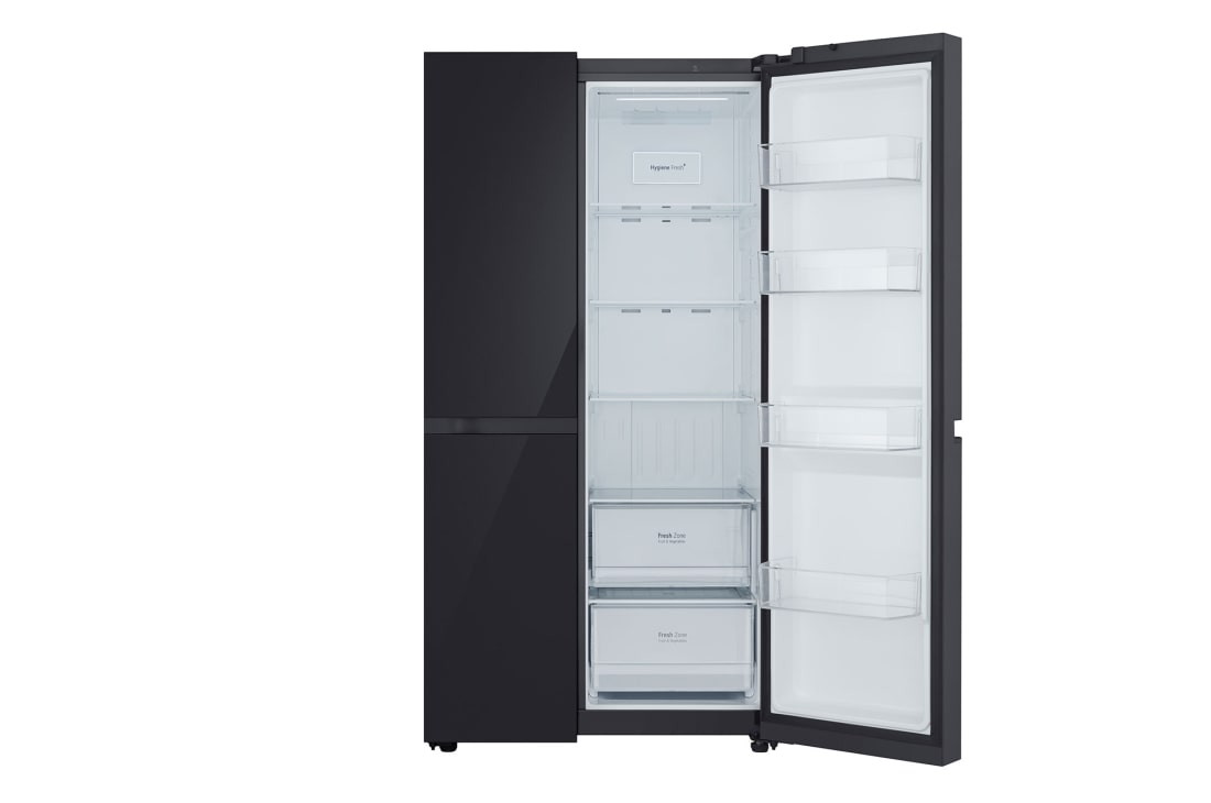 LG Side by Side 647L Refrigerator, Inverter Compressor, Multi AirFlow, Express Cool, Smart Diagnosis™, Black Glass color, front open view, GCB-287GNWB, thumbnail 8