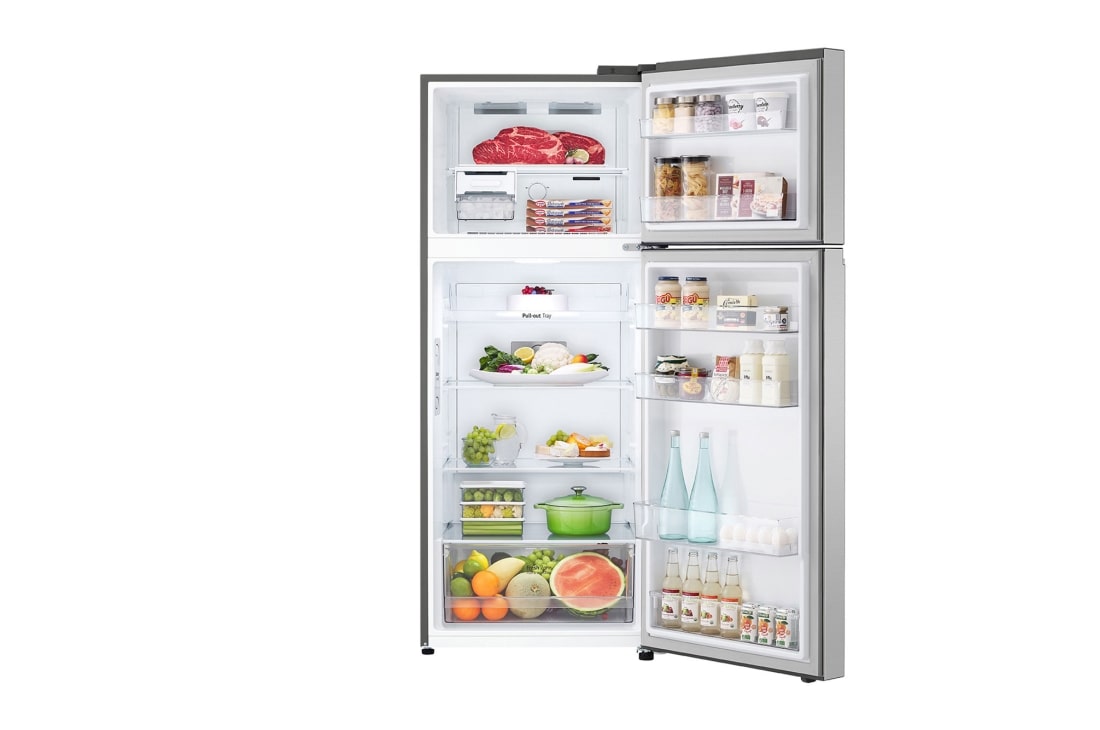 LG Top freezer Refrigerator 423L Gross Capacity, Smart Inverter™ , Silver Color, front open view with food stored, GLB-582GVLP, thumbnail 2