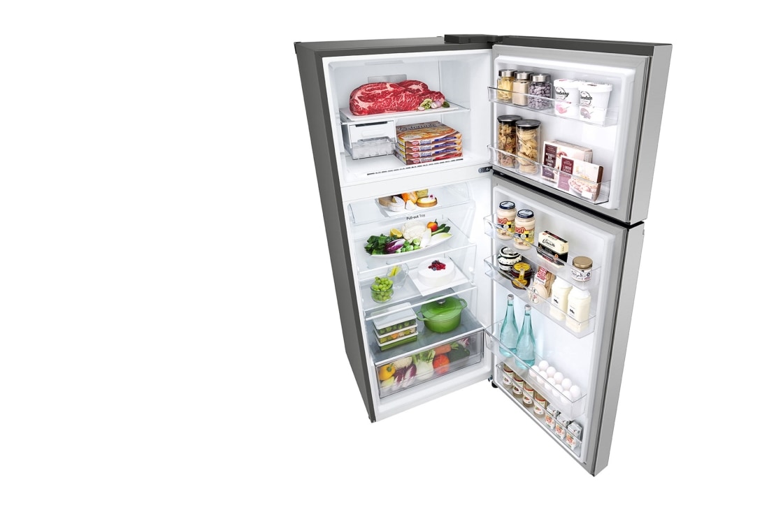 LG Top freezer Refrigerator 423L Gross Capacity, Smart Inverter™ , Silver Color, top perspective open view with food stored, GLB-582GVLP, thumbnail 11