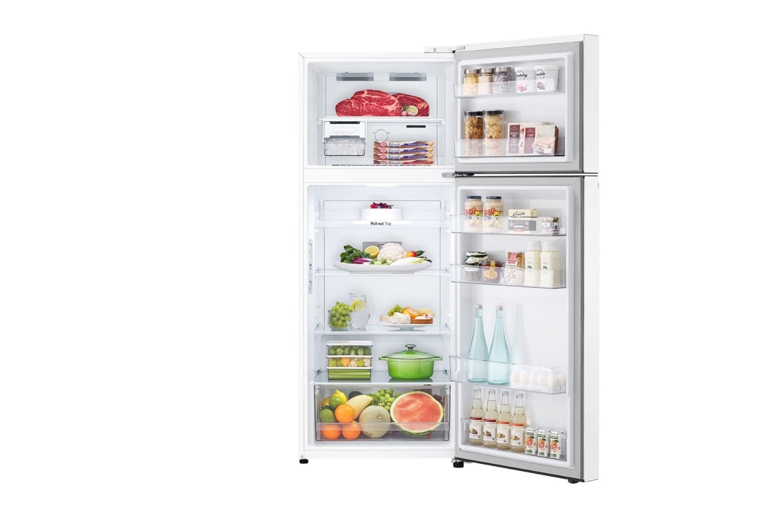 LG Top freezer Refrigerator 423L Gross Capacity, Smart Inverter™ , White Color, front open view with food stored, GLB-582GVWP, thumbnail 2