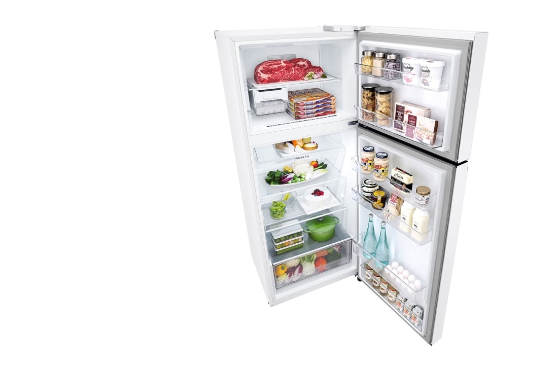 LG Top freezer Refrigerator 423L Gross Capacity, Smart Inverter™ , White Color, top perspective open view with food stored, GLB-582GVWP, thumbnail 11
