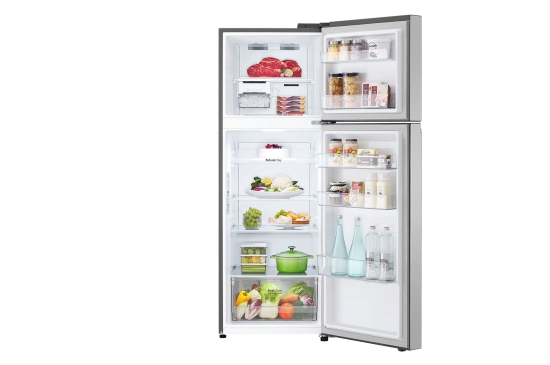 LG Top freezer Refrigerator 360L Gross Capacity, Smart Inverter™, Silver Color, front open view with food stored, GNB-542GVLP, thumbnail 2