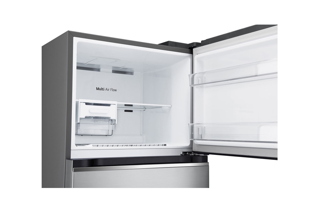 LG Top freezer Refrigerator 360L Gross Capacity, Smart Inverter™, Silver Color, top freezer opened with moving ice maker attached and food stored, GNB-542GVLP, thumbnail 5