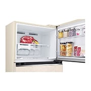 LG Top freezer Ref 423L Gross Capacity, Smart Inverter™,Beige, top freezer opened with moving ice maker attached and food stored, GNB-582GVZP, thumbnail 6