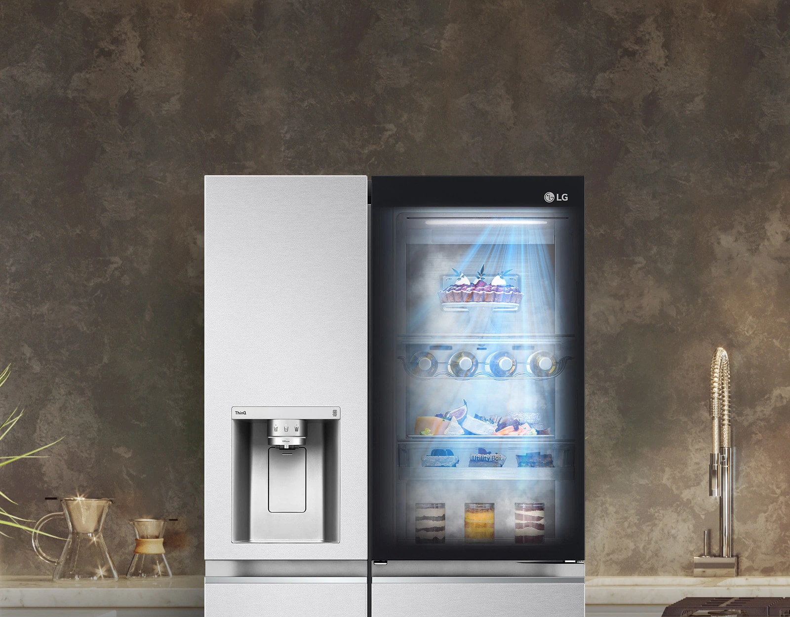 The front view of a black InstaView refrigerator with the light on inside. 