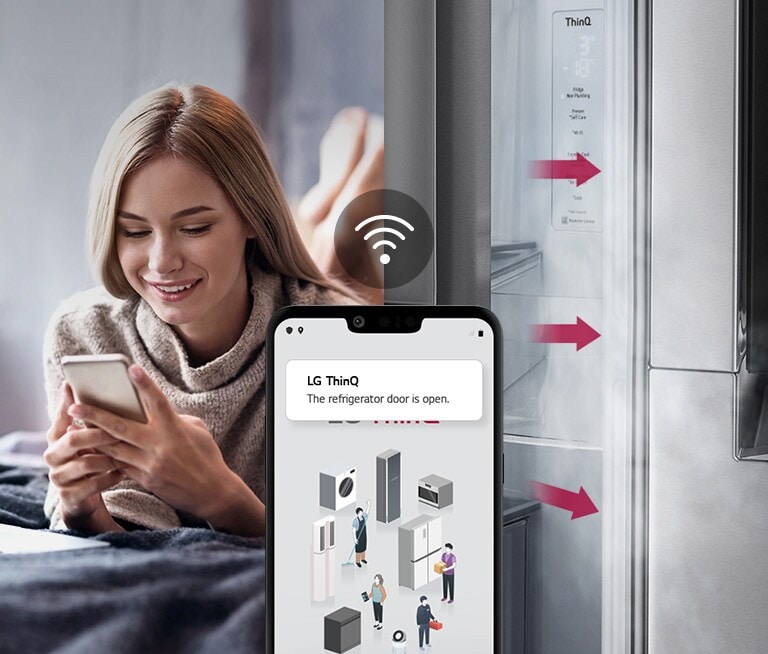 A woman lounges on a bed looking at her phone screen on one image. 