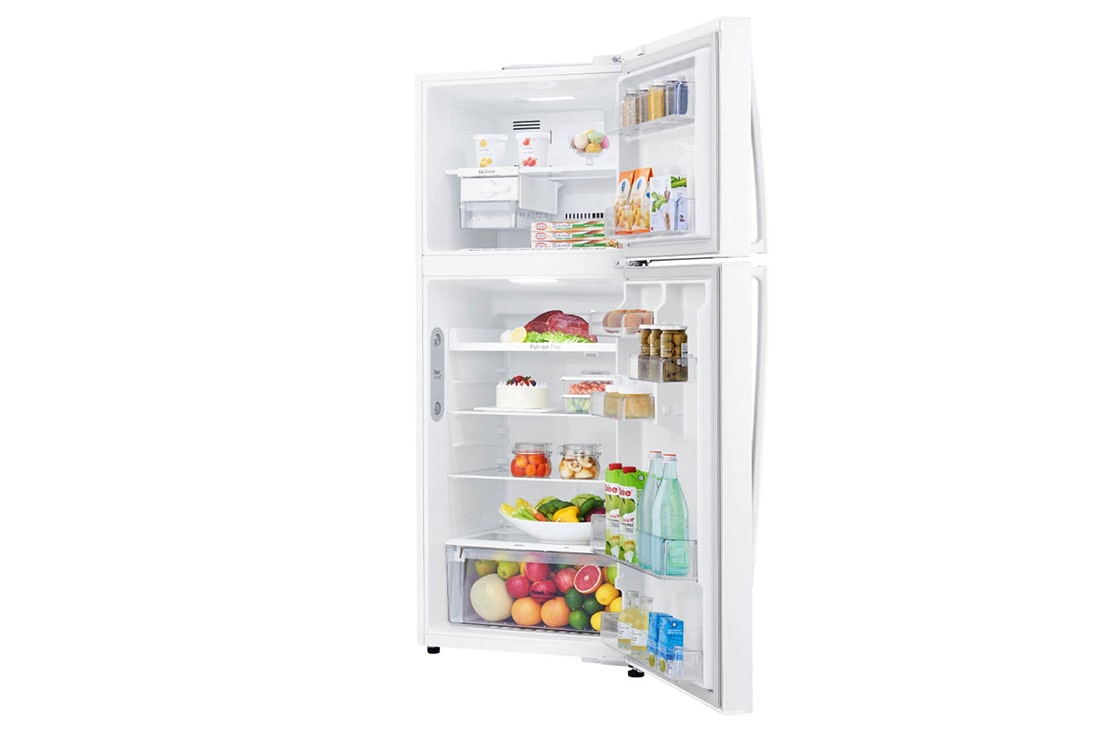 LG Top Mount Refrigerator, Smart Inverter, 438L, White, left side open view with food, GR-C639HWCL, thumbnail 5