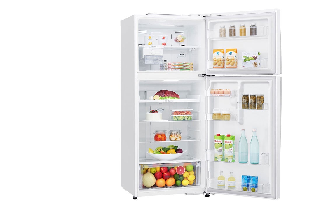LG Top Mount Refrigerator, Smart Inverter, 438L, White, right side open view with food, GR-C639HWCL, thumbnail 7