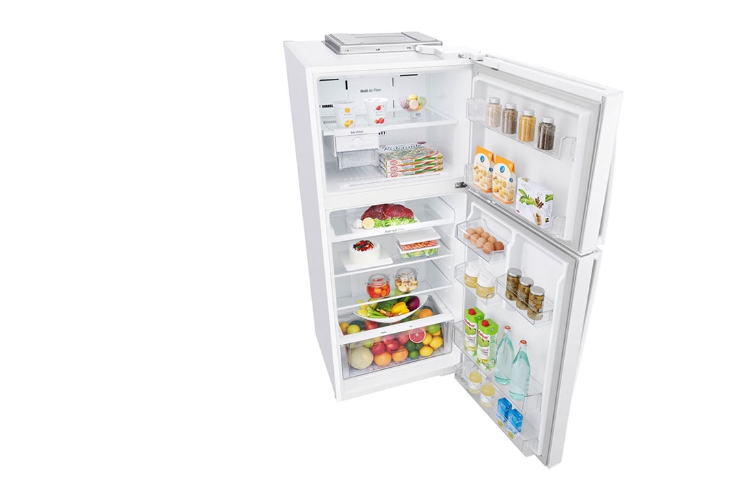 LG Top Mount Refrigerator, Smart Inverter, 438L, White, left top perspective with food, GR-C639HWCL, thumbnail 9