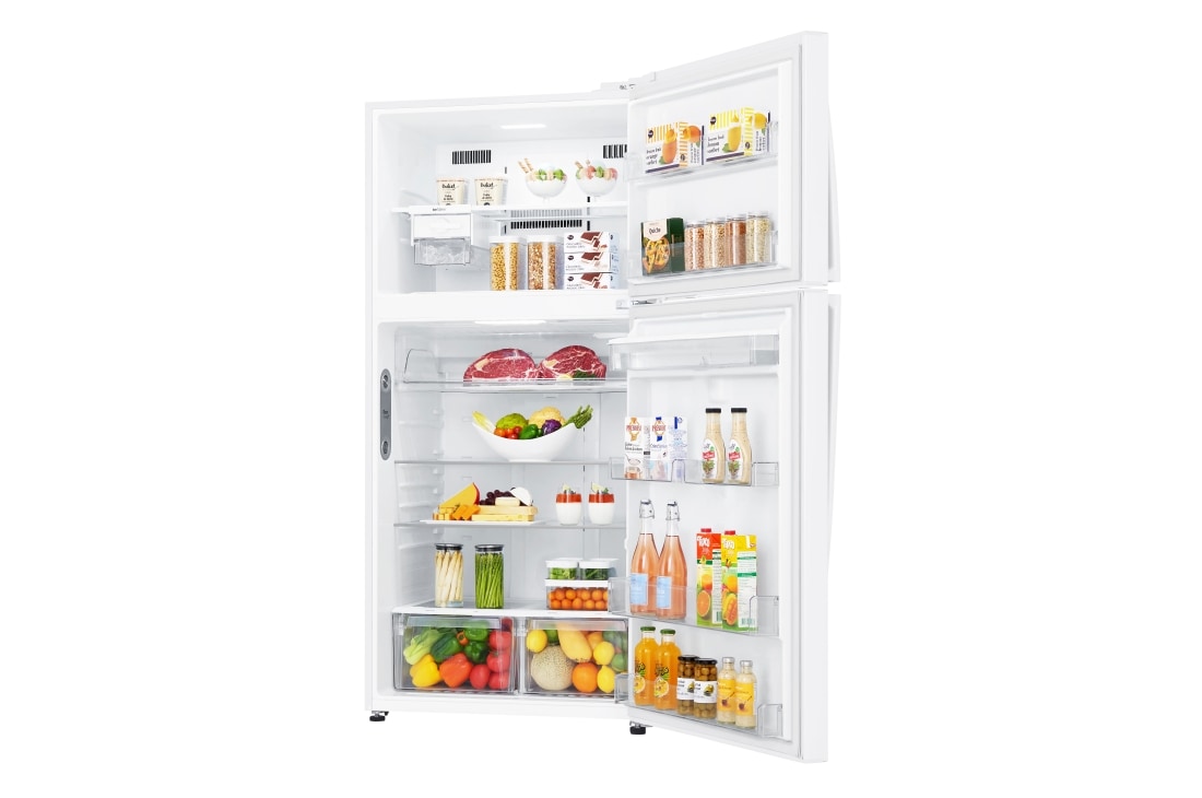 LG Top Freezer Refrigerator 630L Gross Capacity, DoorCooling⁺™, Hygiene FRESH⁺™ , White Color., Front half door open view with food, GRM-832DHWI, thumbnail 4