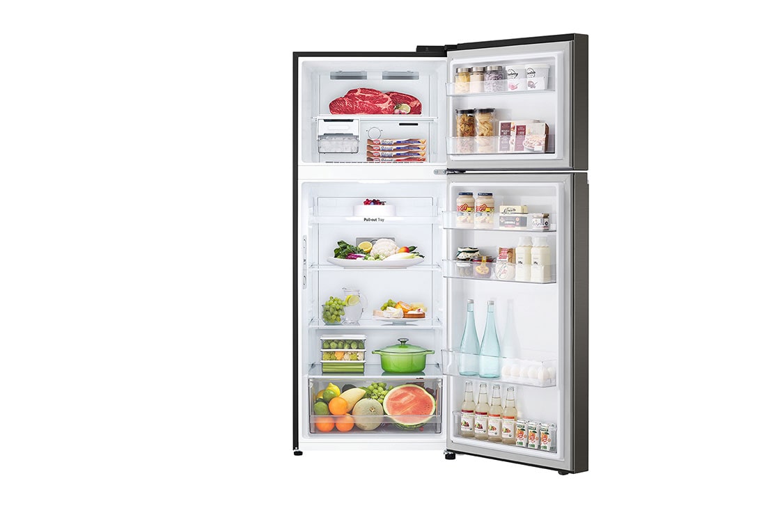 LG Top Freezer 395L, Linear Cooling, Smart Inverter , front open view with food stored, GNB-582GVBP, thumbnail 2