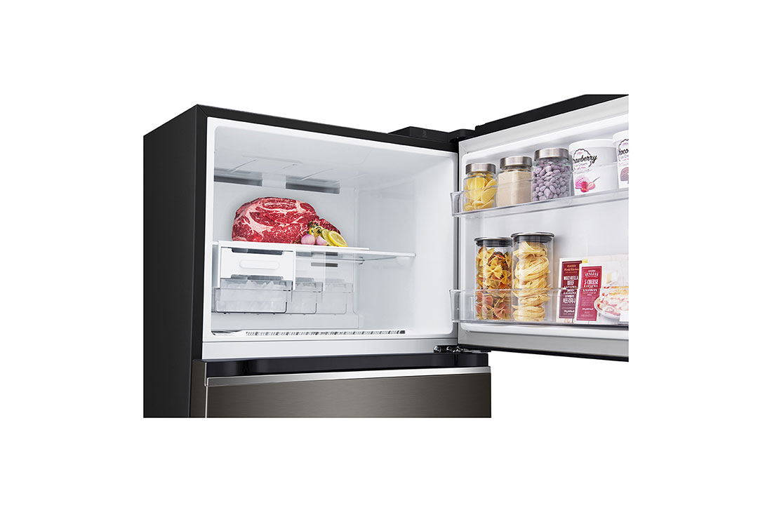 LG Top Freezer 395L, Linear Cooling, Smart Inverter , top freezer opened with moving ice maker attached and food stored, GNB-582GVBP, thumbnail 6