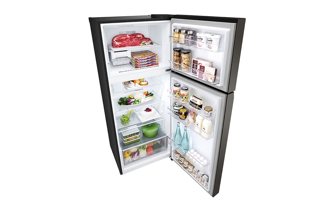 LG Top Freezer 395L, Linear Cooling, Smart Inverter , top perspective open view with food stored, GNB-582GVBP, thumbnail 11