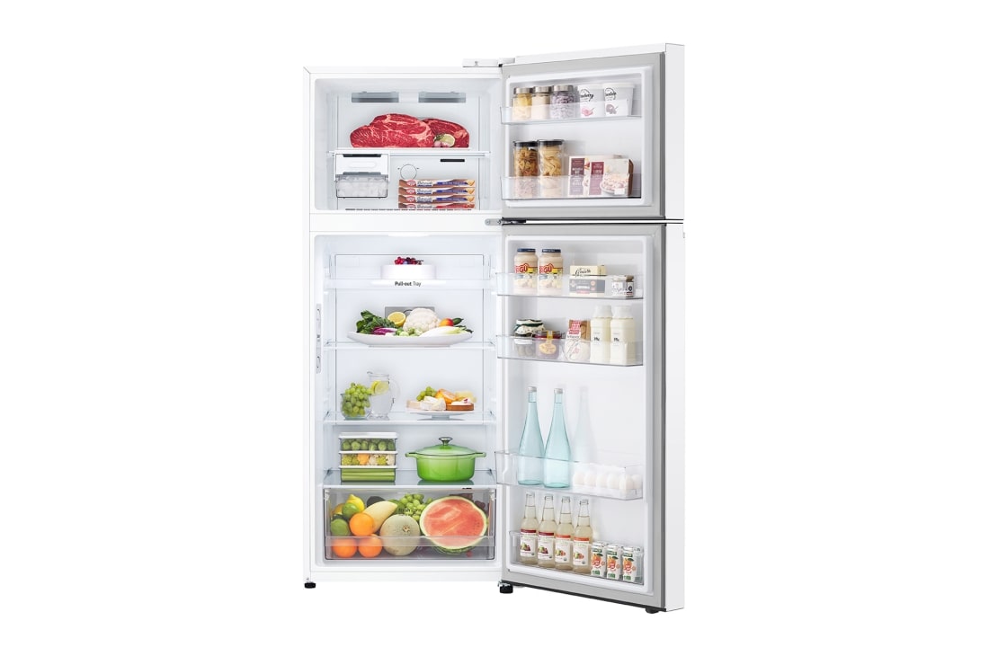 LG Top Freezer 375L, Linear Cooling, Smart Inverter , front open view with food stored, GNB-562GVWP, thumbnail 2