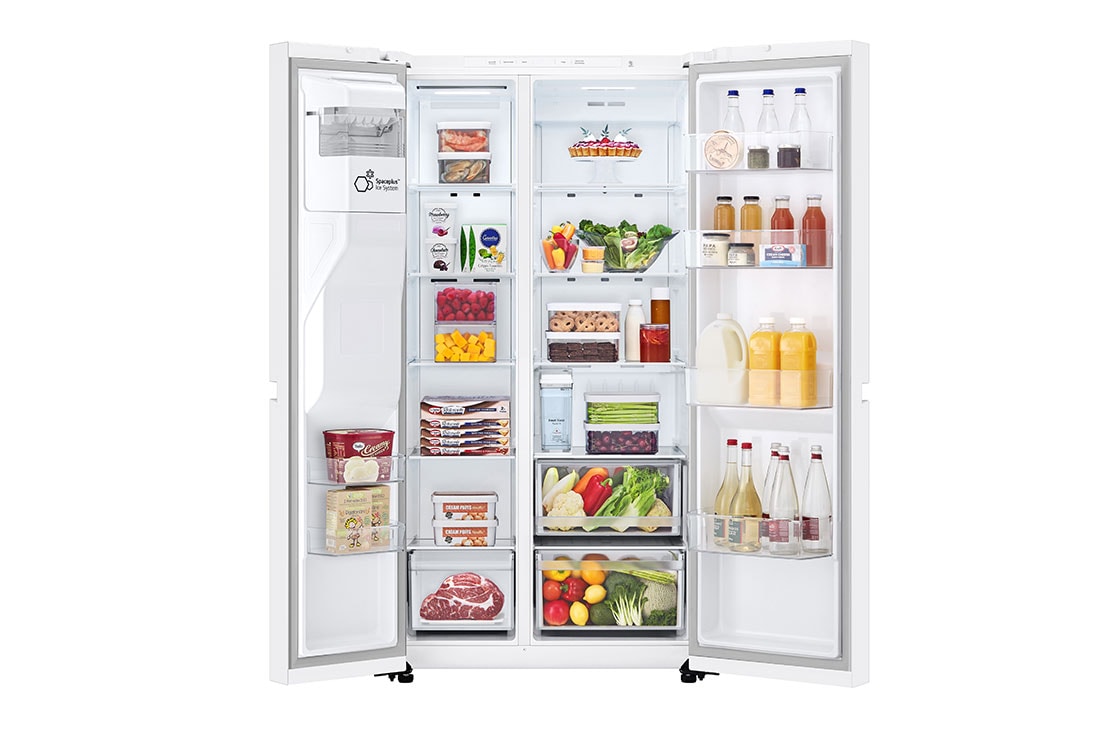 LG  Side by Side 625L Refrigerator, Smart Diagnosis™, LINEARCooling™, Essense White​, front all open door food, GCL-287DVWN, thumbnail 2