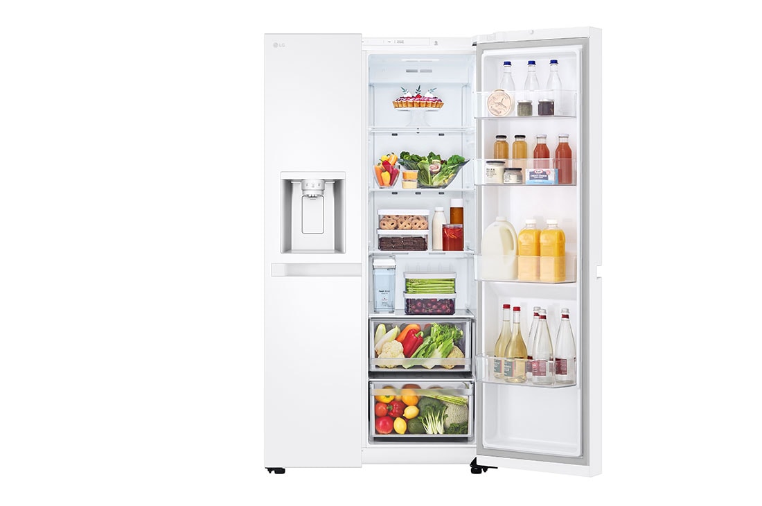 LG  Side by Side 625L Refrigerator, Smart Diagnosis™, LINEARCooling™, Essense White​, front left open door food, GCL-287DVWN, thumbnail 4