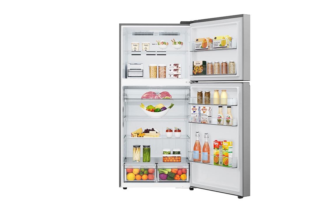 LG Top Mount Freezer 656LGross Capacity Refrigerator,  LINEARCooling™, ThinQ™. Platinum Silver, front view with open door, GRF-862BVLB, thumbnail 2