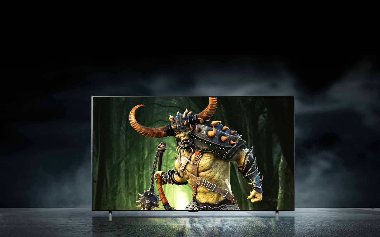 QNED TV is placed on a red wall and the screen shows a pirate ship.