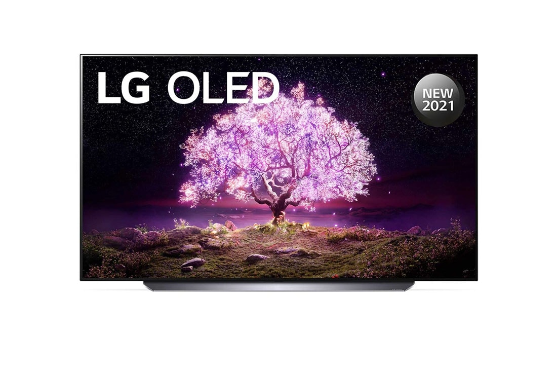 LG OLED TV 77 Inch C1 Series, Cinema Screen Design 4K Cinema HDR WebOS Smart AI ThinQ Pixel Dimming, front view, OLED77C1PVB